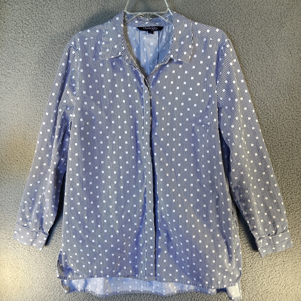 Chadwicks of Boston‎ Button Shirt Womens Large Blue Striped Polka Dot Cotton